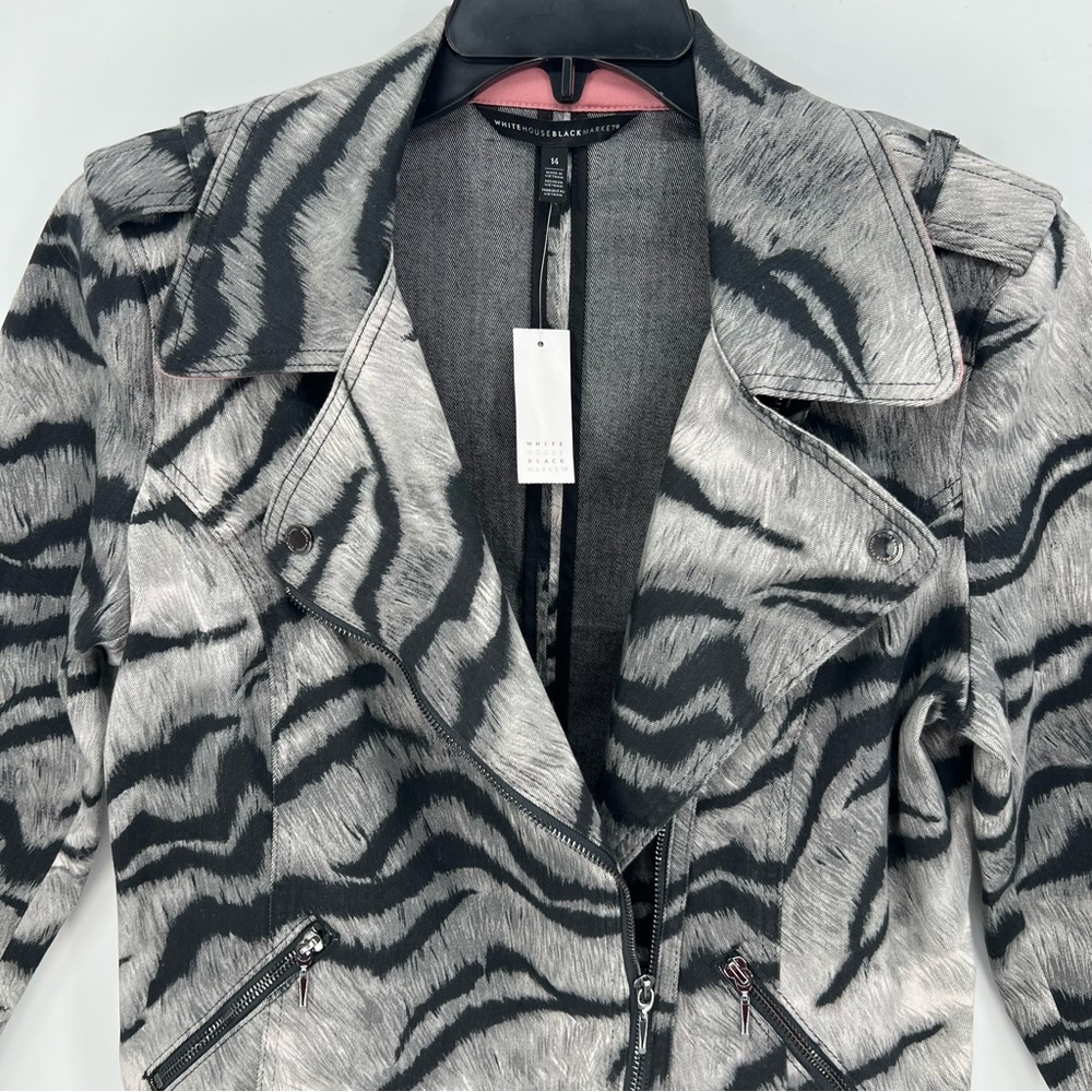 White House Black Market Jacket Womens Size 14 Black & Gray Zebra Print Moto NWT - Picture 3 of 16